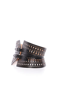 Ceinture bustier perforée à double boucle en cuir - Noir