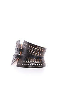 Ceinture bustier perforée à double boucle en cuir - Noir