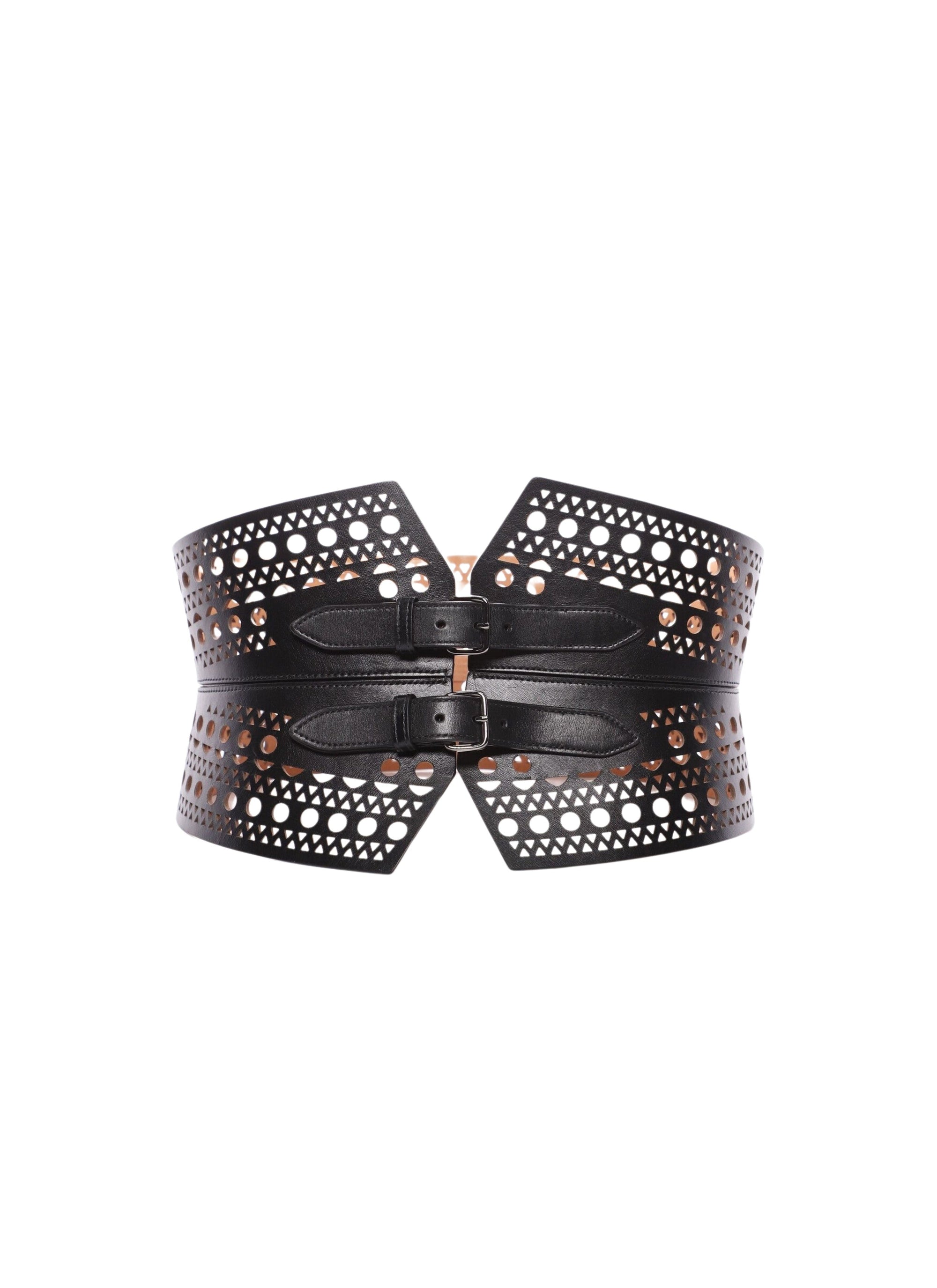 Ceinture bustier perforée à double boucle en cuir - Noir