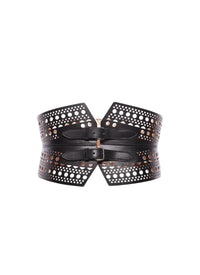 Ceinture bustier perforée à double boucle en cuir - Noir