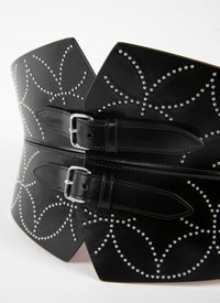 Ceinture bustier cloutée à double boucle en cuir - Noir