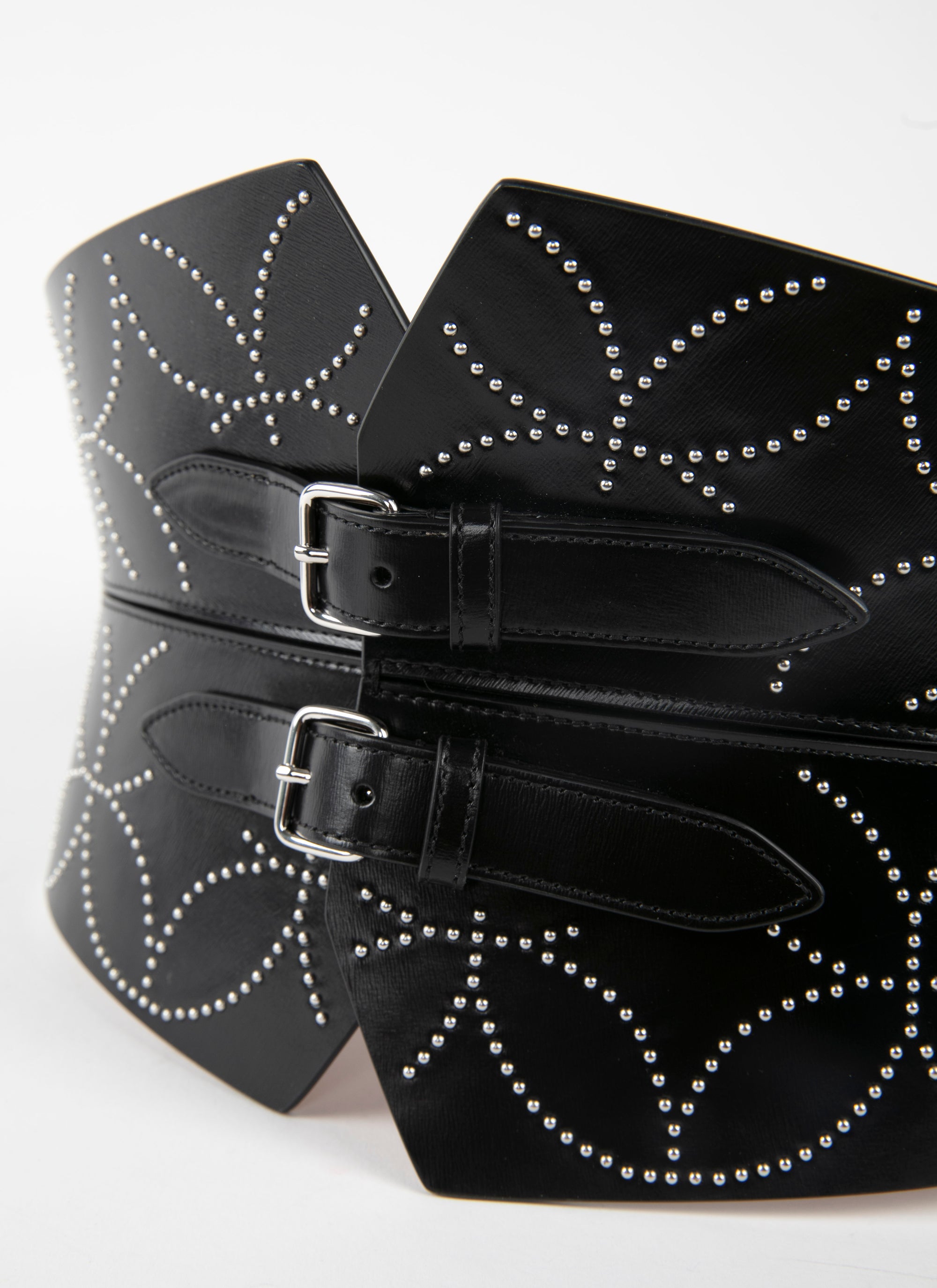 Ceinture bustier cloutée à double boucle en cuir - Noir