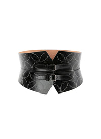 Ceinture bustier cloutée à double boucle en cuir - Noir