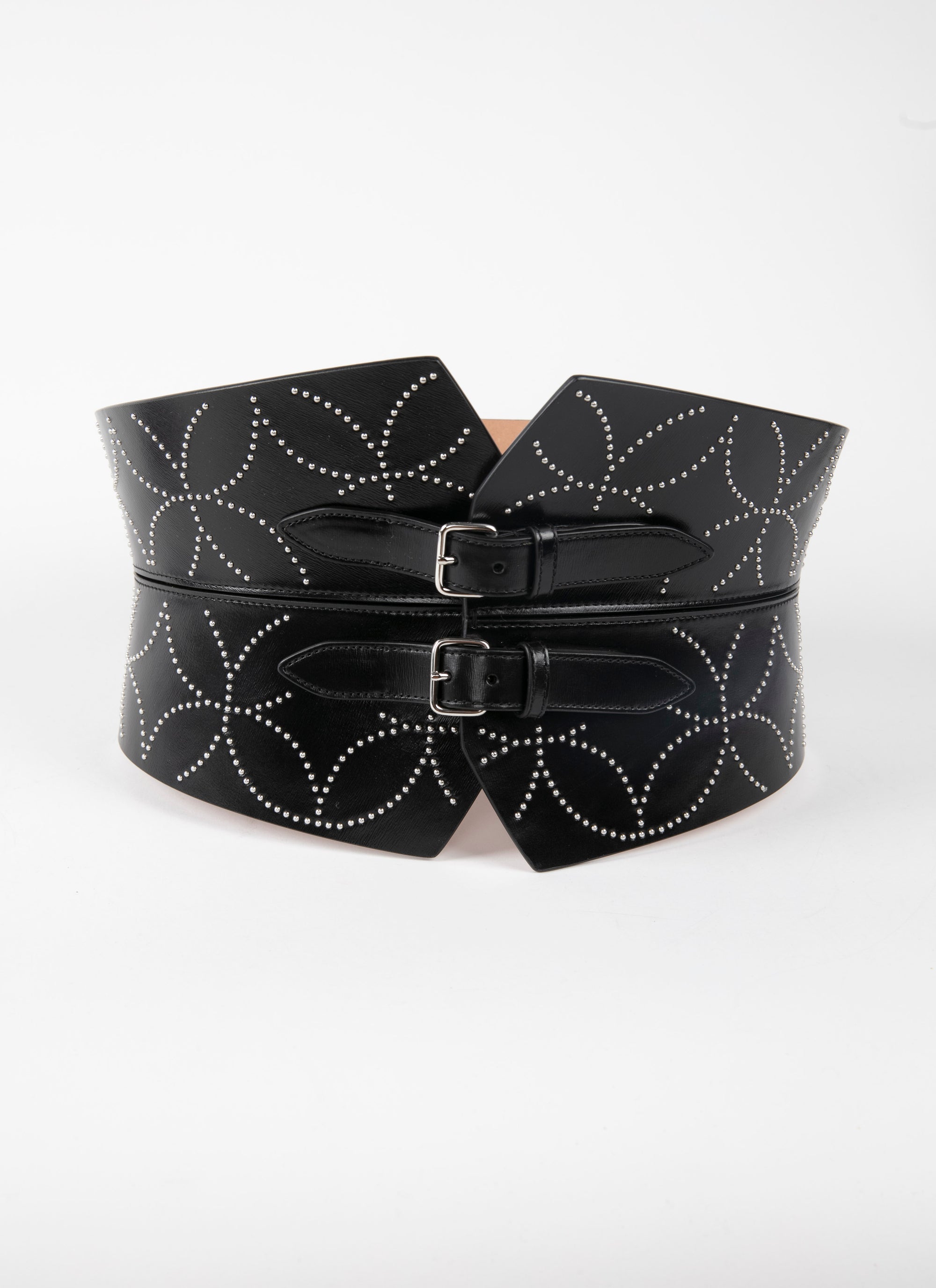 Ceinture bustier cloutée à double boucle en cuir - Noir