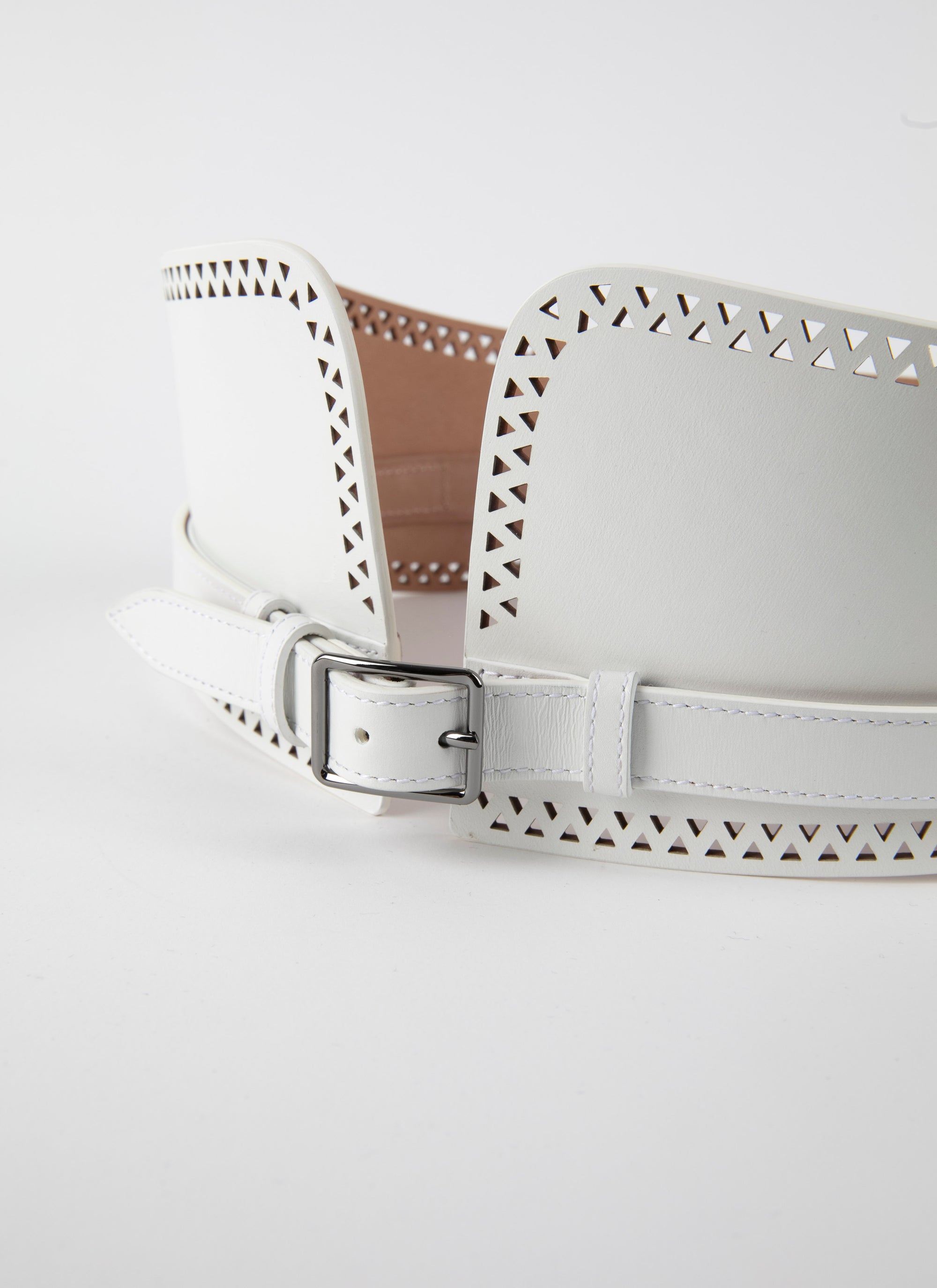Wide openwork belt in leather - Optic White
