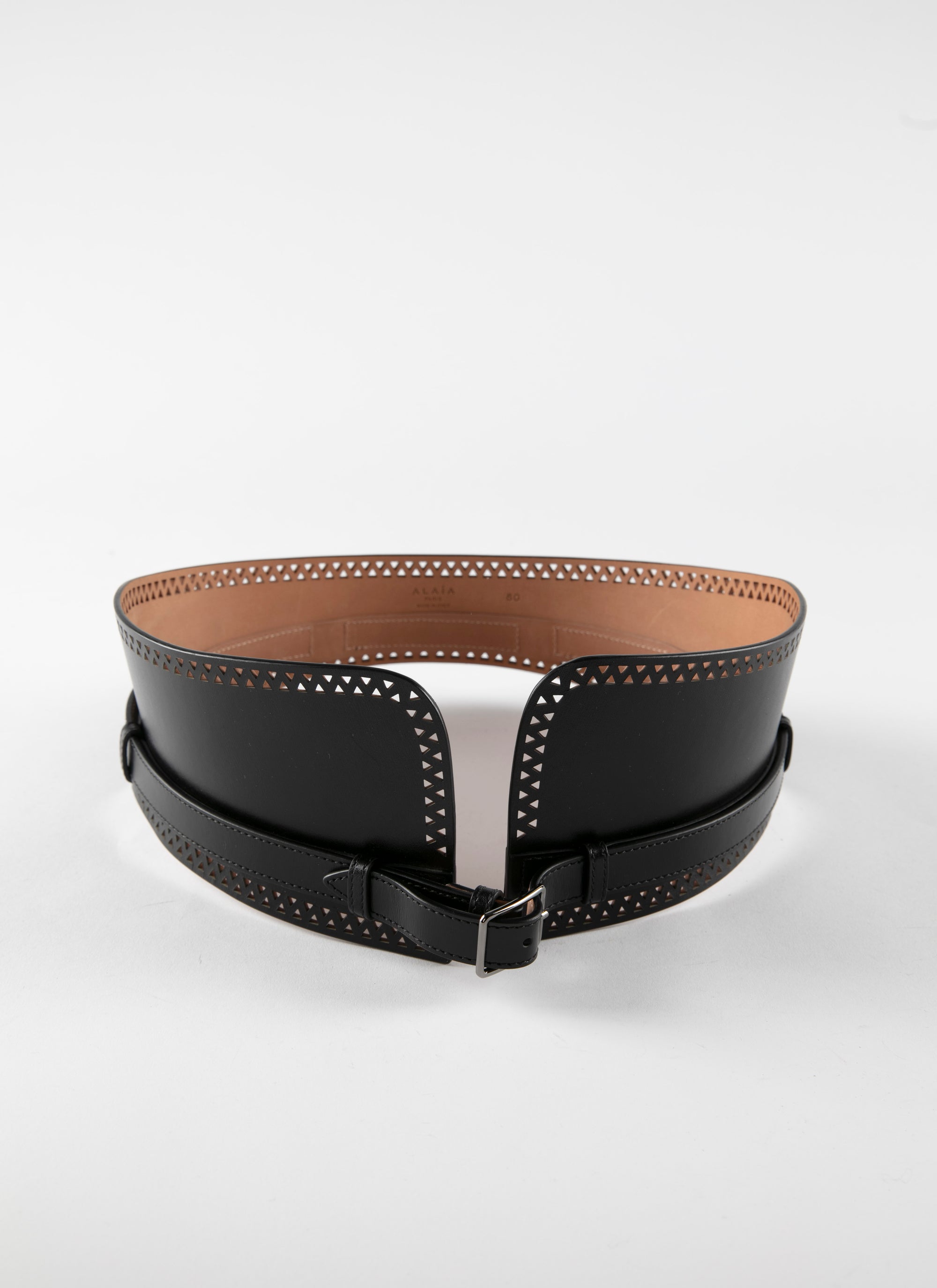 Wide openwork belt in leather - Black intense