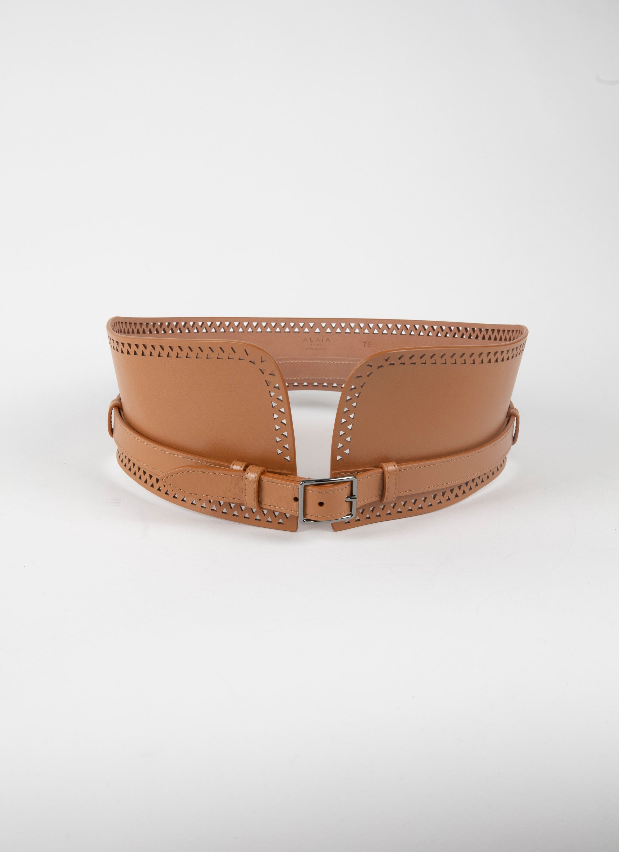 Ceinture large à motif ajourée en cuir - Tan Clair