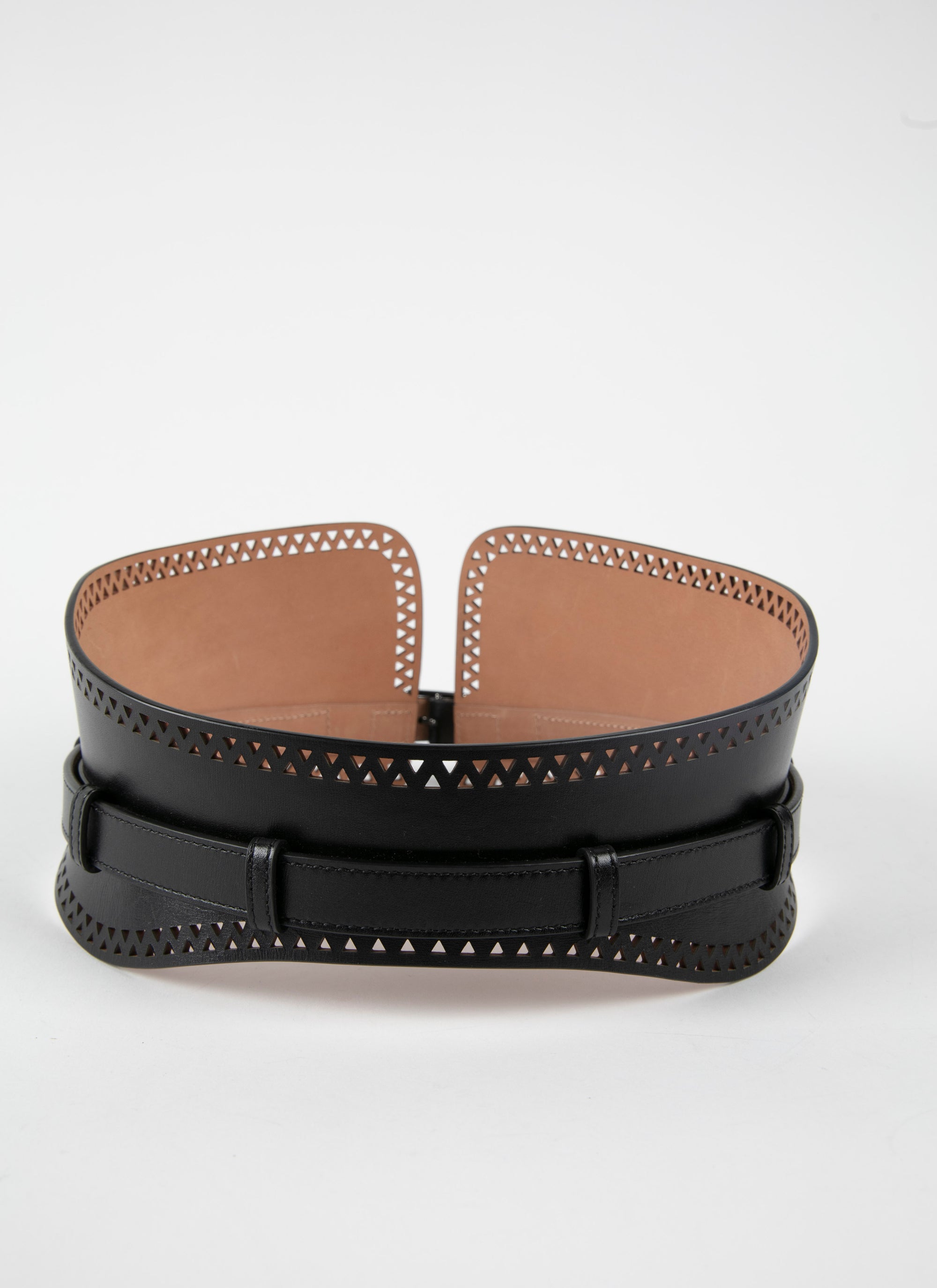 Wide openwork belt in leather - Black intense