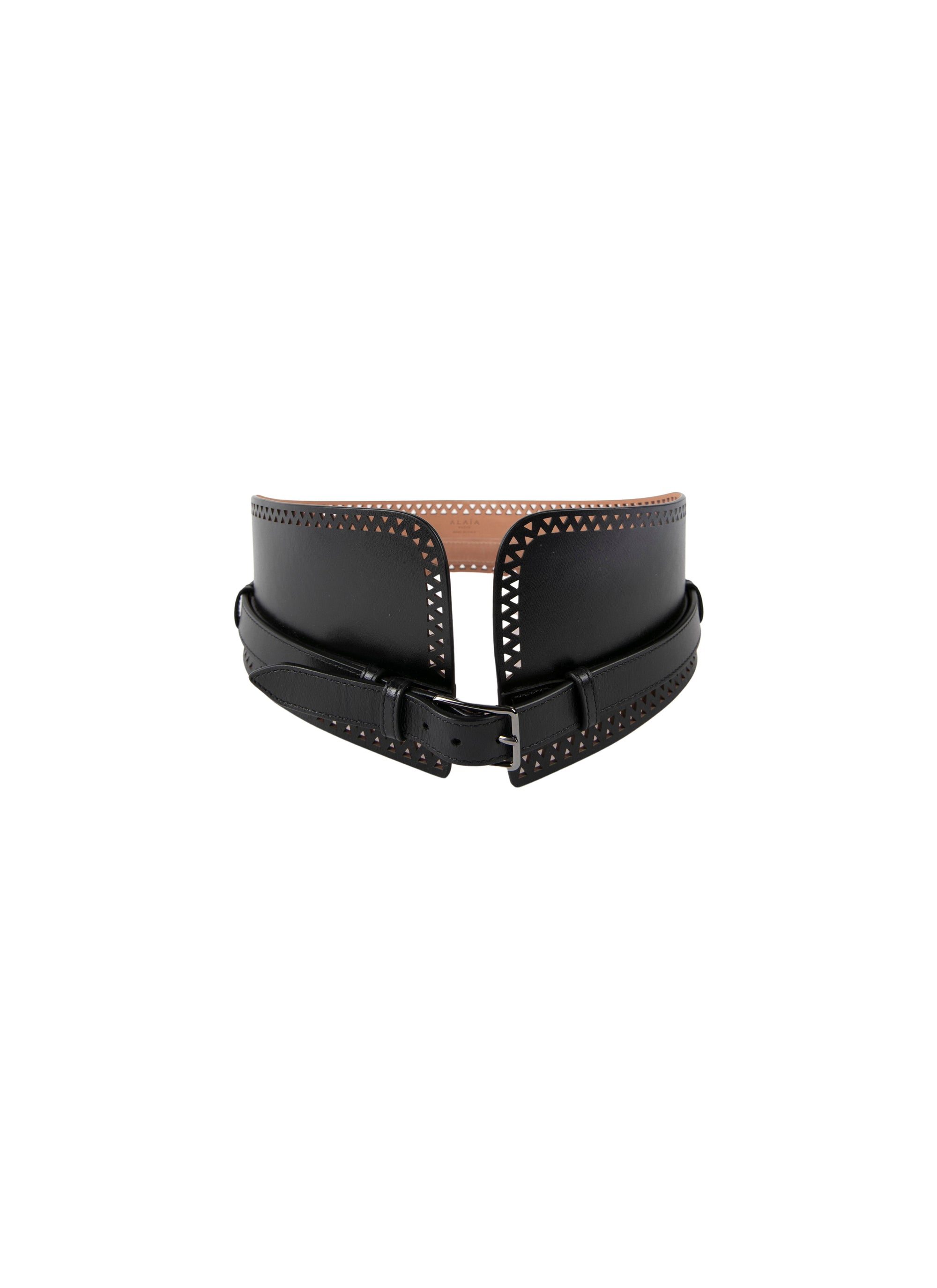 Wide openwork belt in leather - Black intense