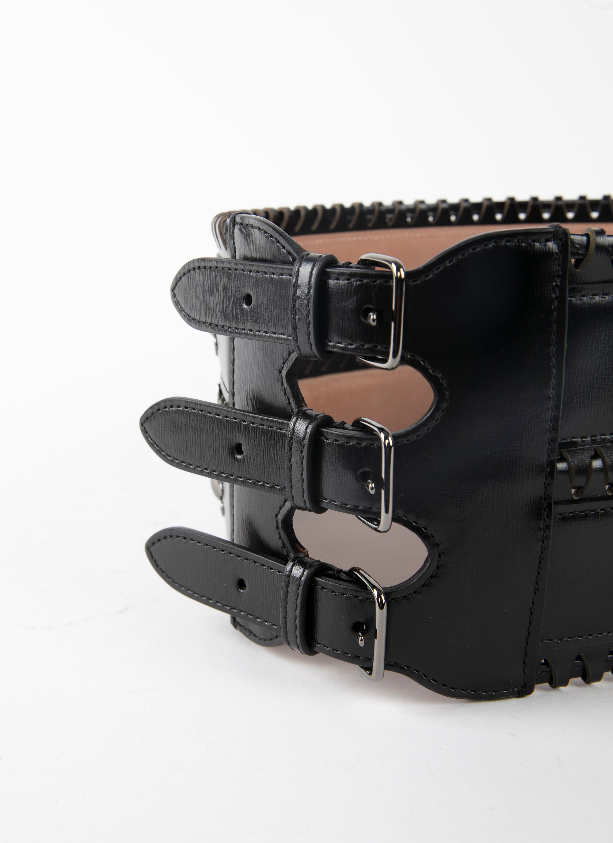 Ceinture corset hinge en cuir - Noir & Ruthenium