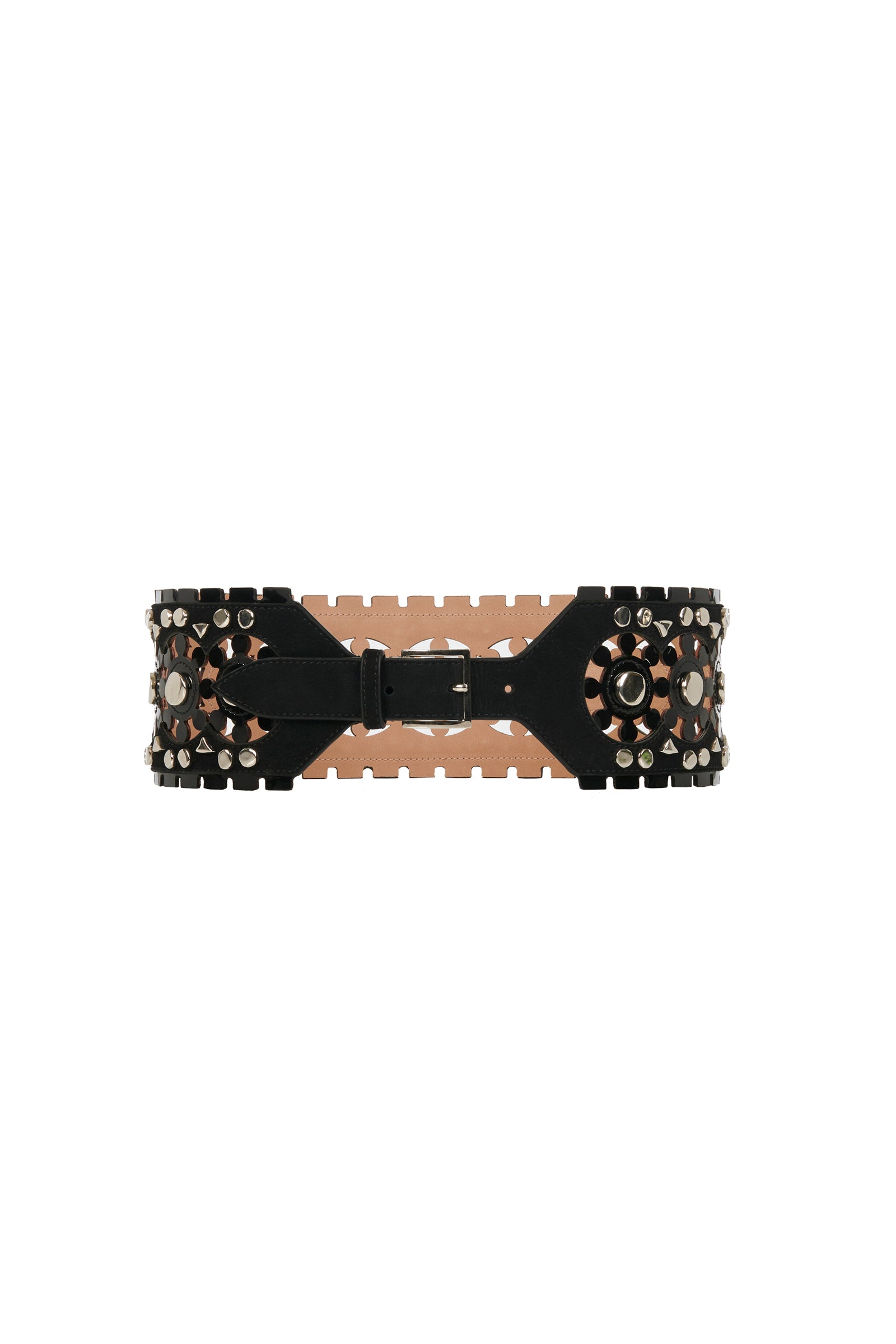Ceinture plate perforée et cloutée en cuir - Noir