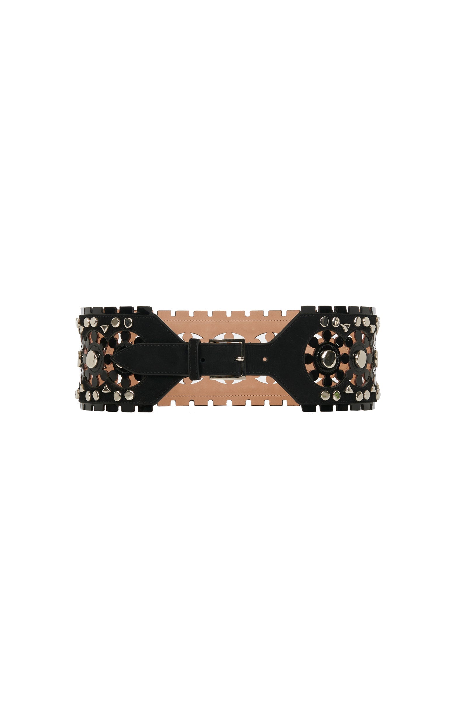 Ceinture plate perforée et cloutée en cuir - Noir