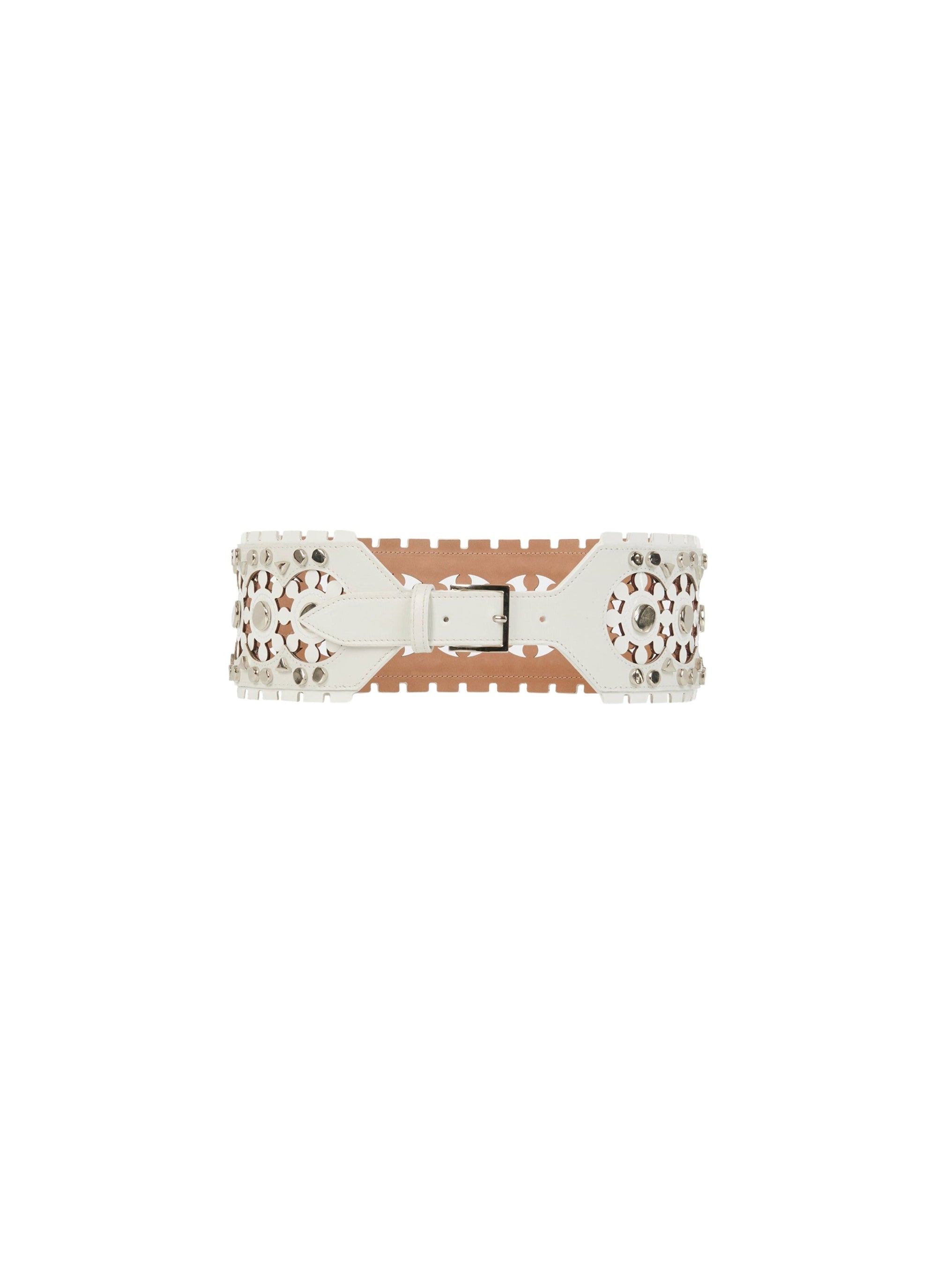 Ceinture plate perforée et cloutée en cuir - Blanc Optique