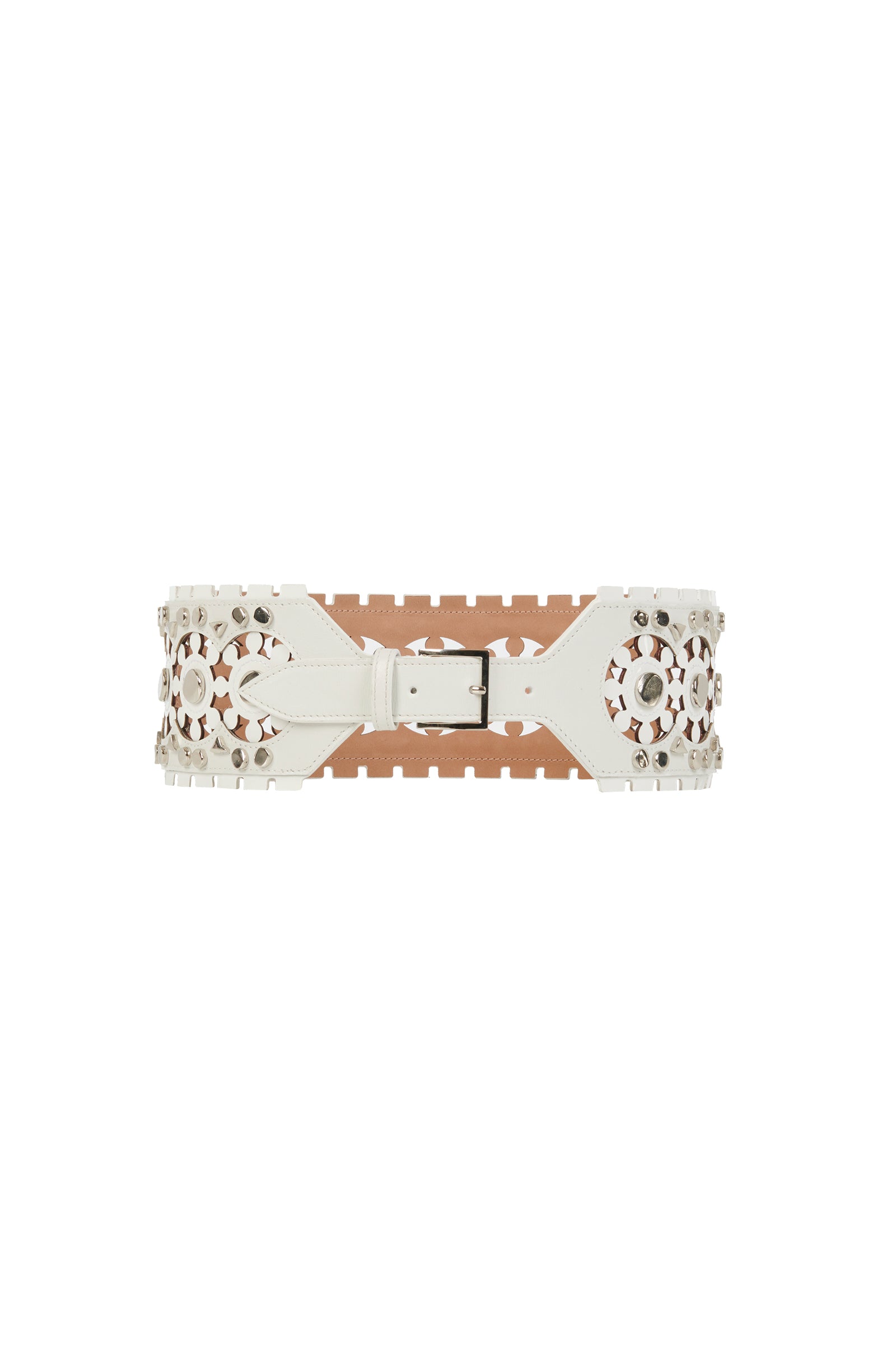 Ceinture plate perforée et cloutée en cuir - Blanc Optique