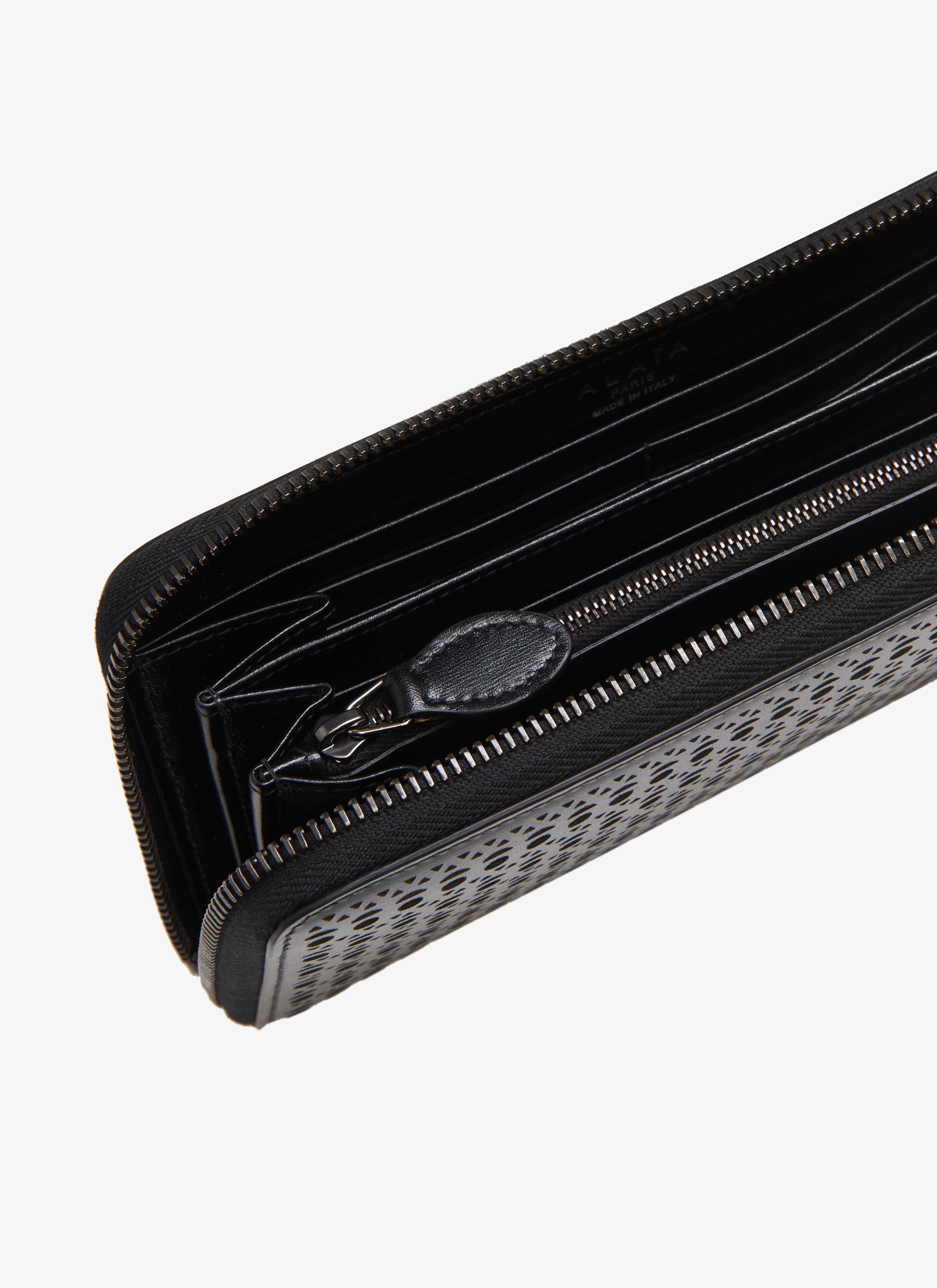 Zipped openwork wallet in leather - Black intense
