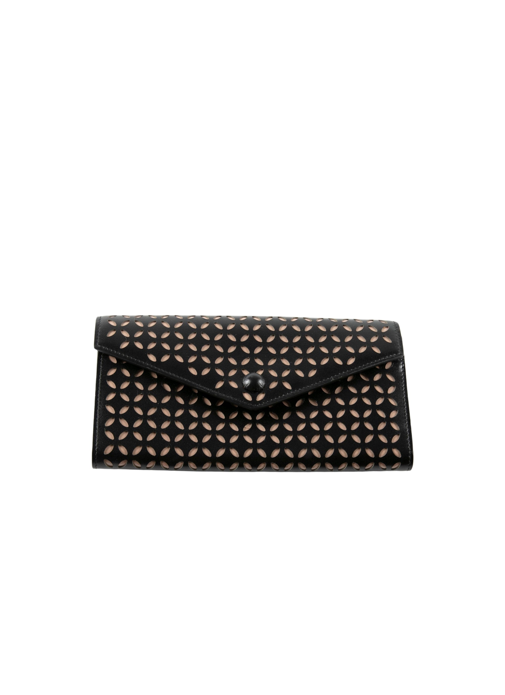 Wallet with contrasting openwork flap in leather - Black & Sand