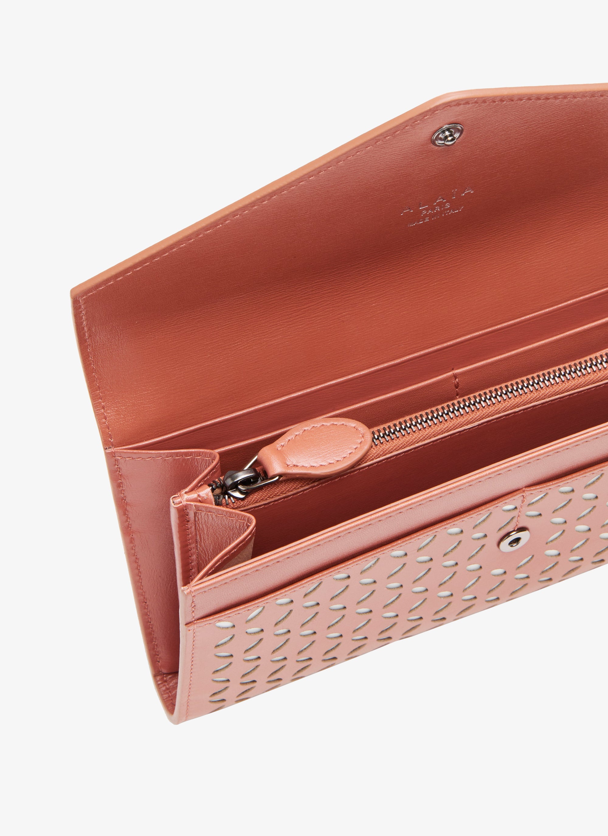 Wallet with contrasting openwork flap in leather - Coral & White