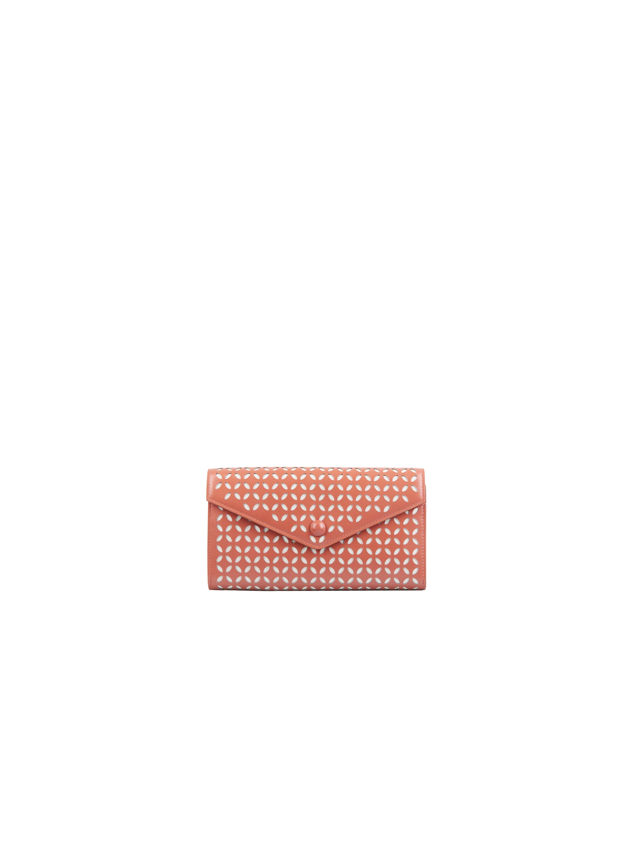 Wallet with contrasting openwork flap in leather - Coral & White