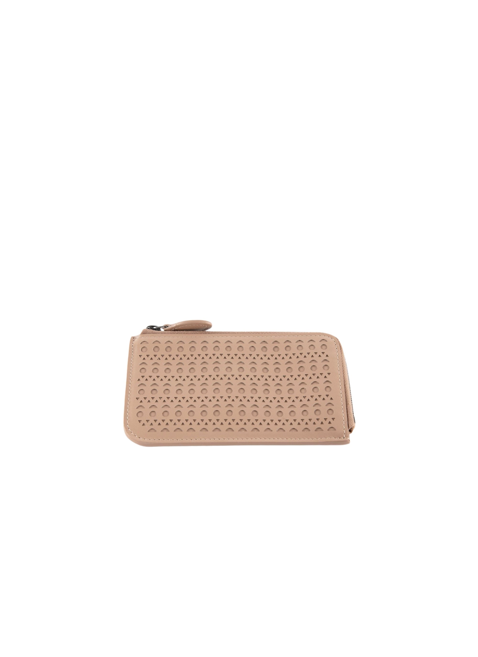Zipped openwork card holder in leather - Sand