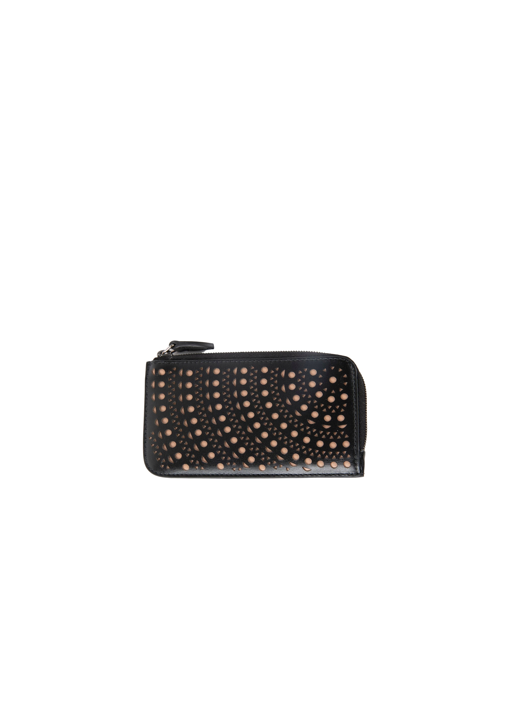 Openwork zipped card holder in leather - Black & Sand