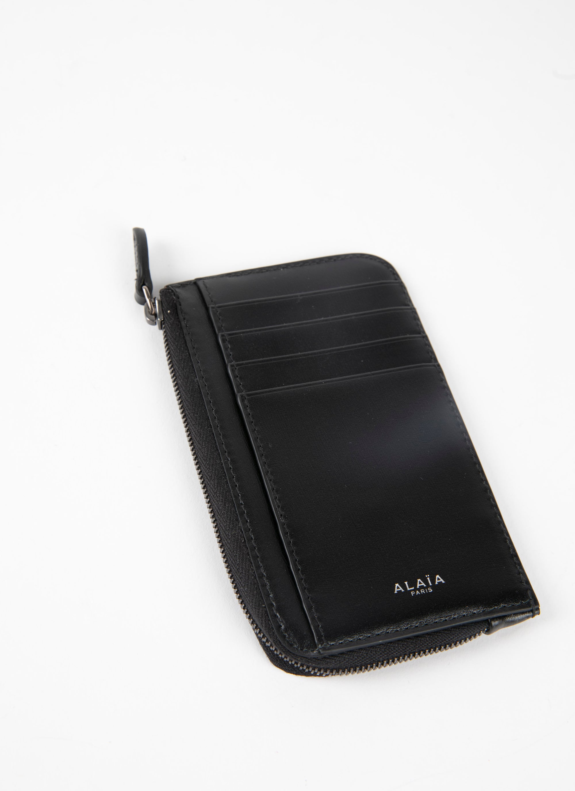 Openwork zipped card holder in leather - Black & Sand