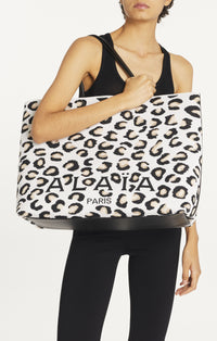 Grand cabas en jacquard à motif léopard - Blanc & Noir