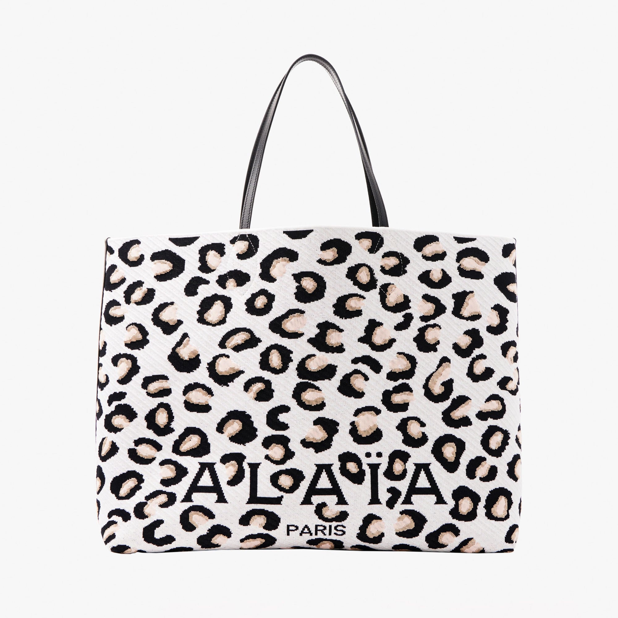 Grand cabas en jacquard à motif léopard - Blanc & Noir