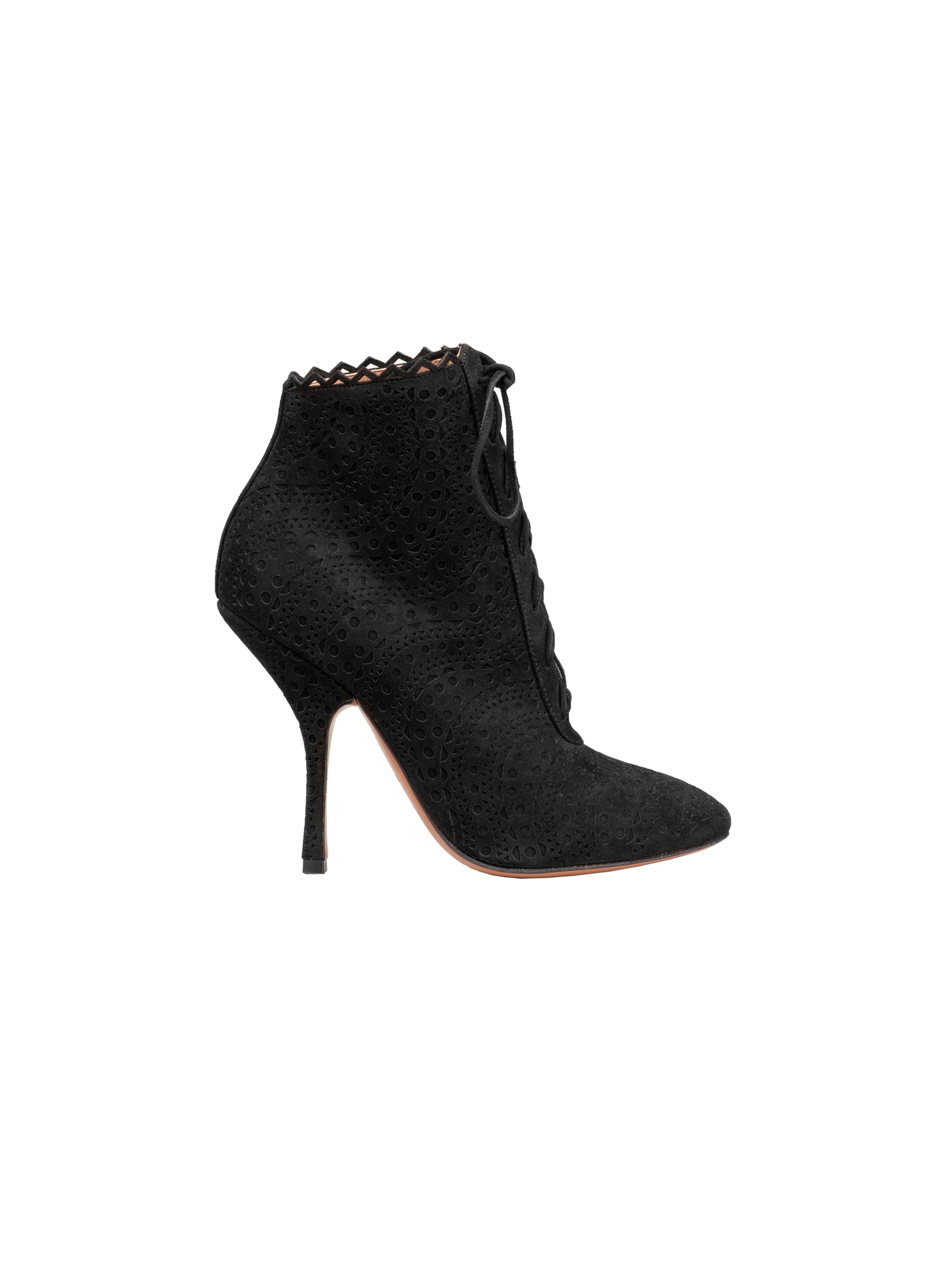 Bottines à talon au motif ajouré en cuir - Noir