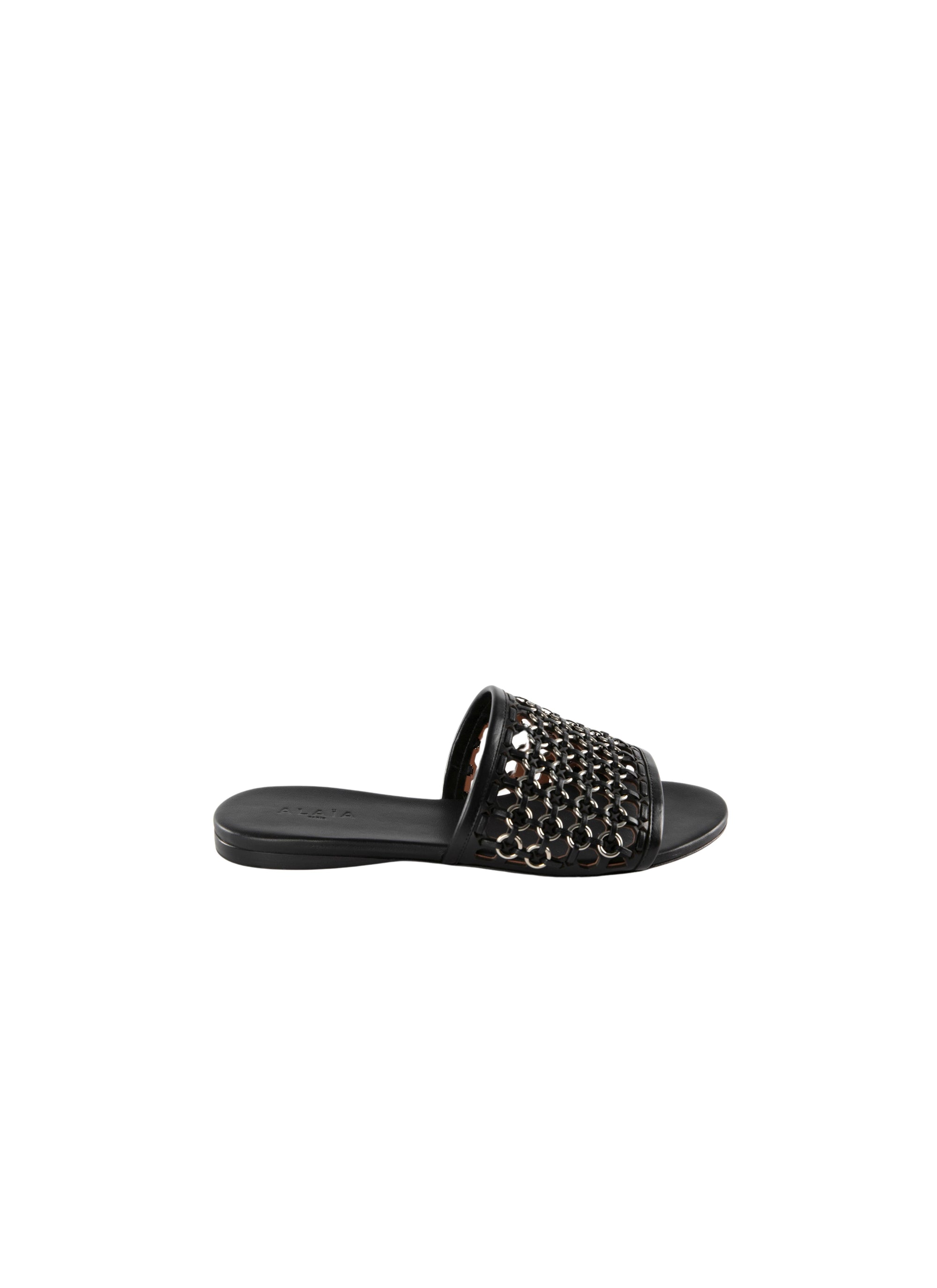 Flat openwork leather sandals - Black intense