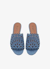 Sandales plates à motif ajouré en cuir - Bleu Denim