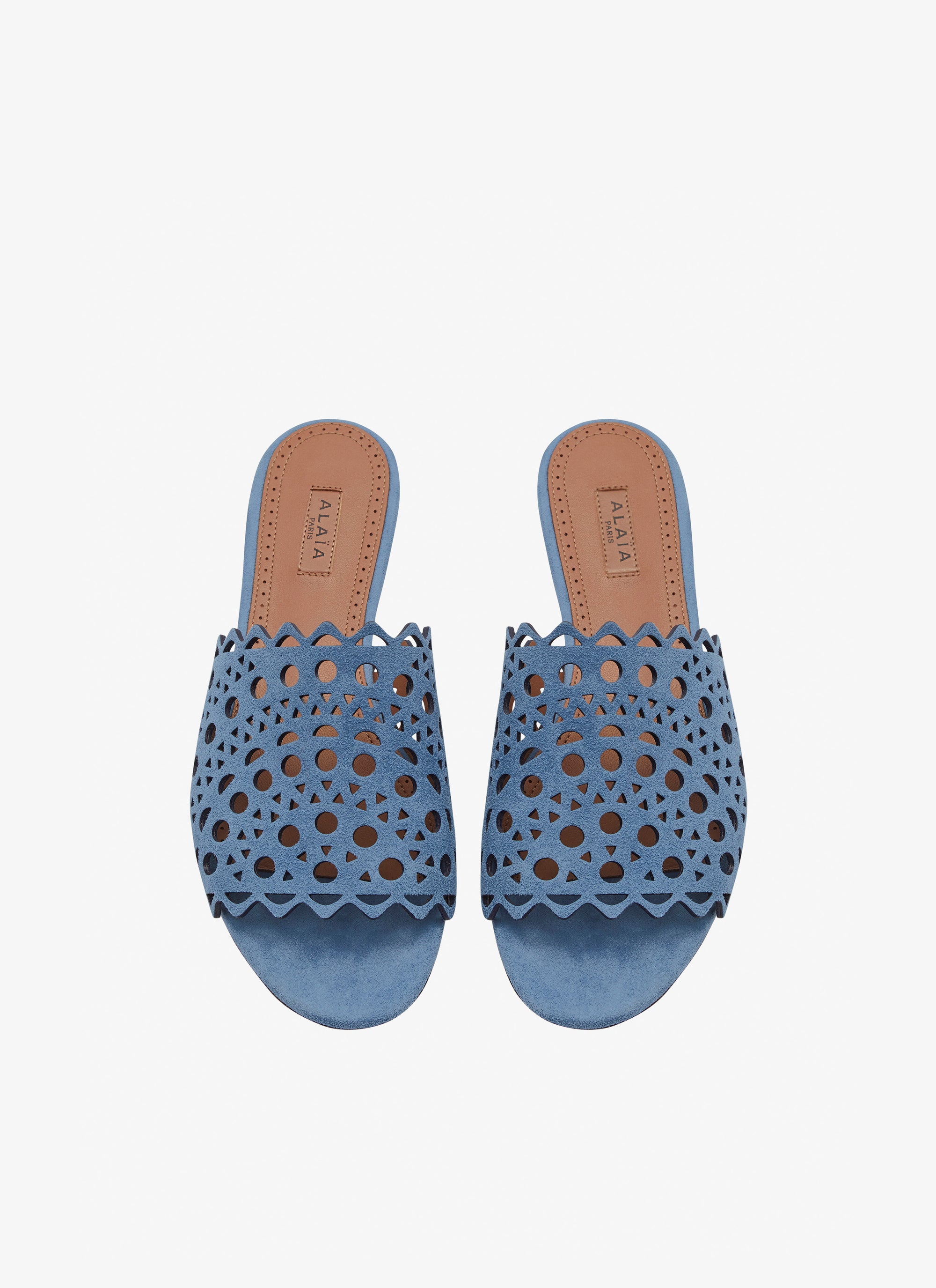 Sandales plates à motif ajouré en cuir - Bleu Denim