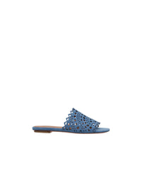 Sandales plates à motif ajouré en cuir - Bleu Denim