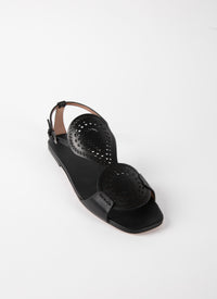 Sandales plates cercles perforés en cuir - Noir