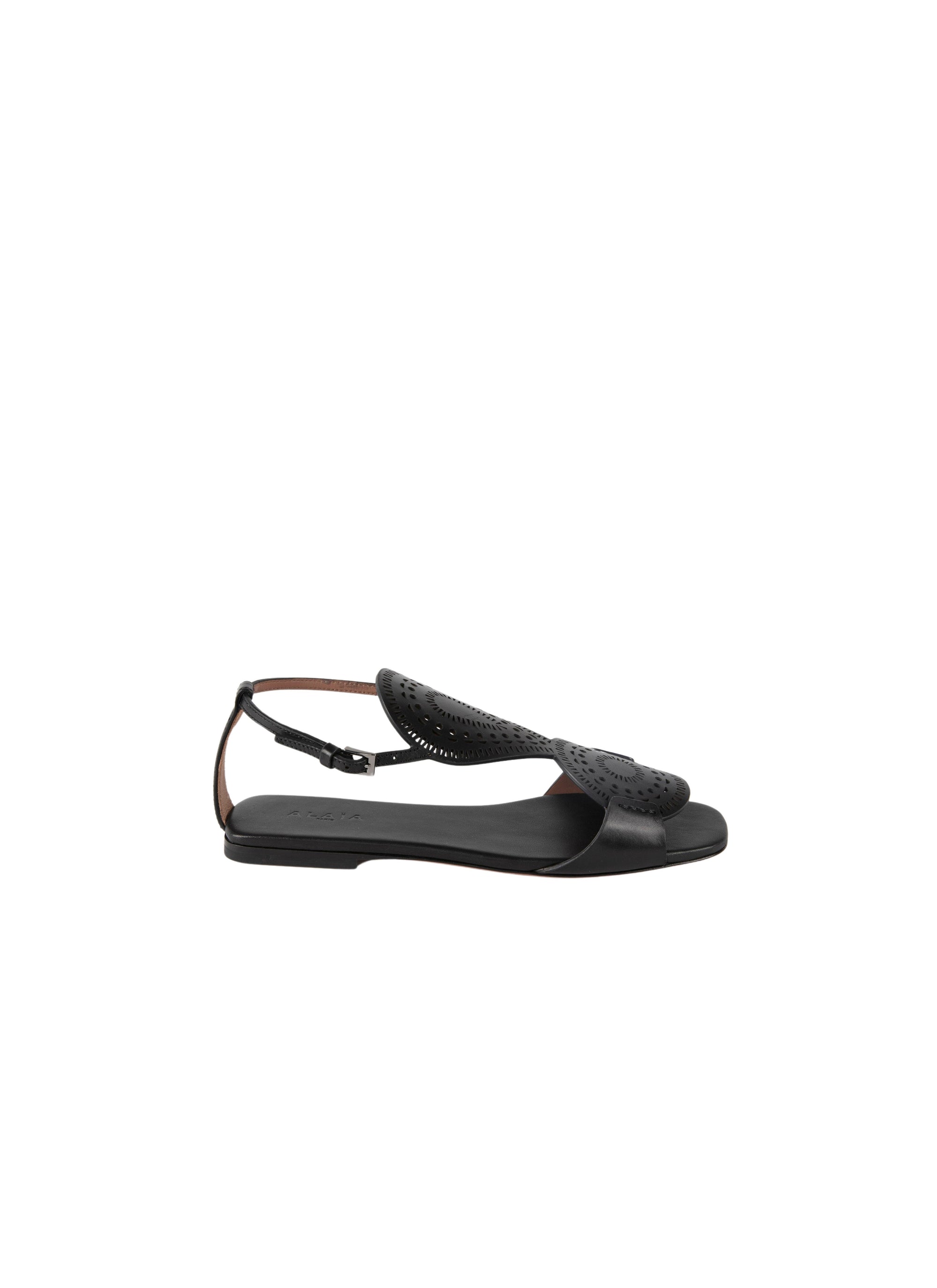 Sandales plates cercles perforés en cuir - Noir