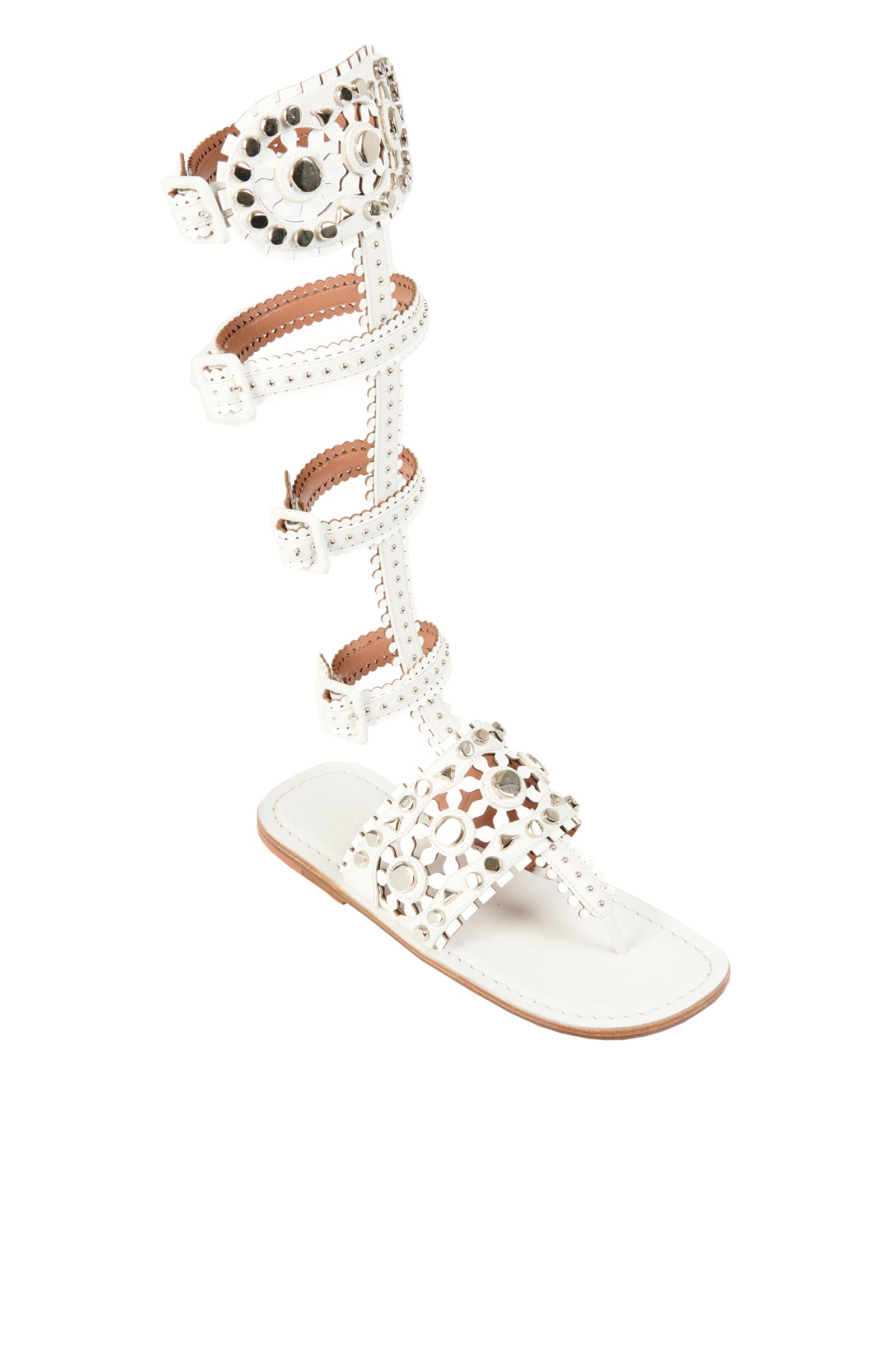Sandales plates hautes style spartiate en cuir - Blanc Cassé