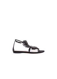 Sandales plates motif feuille cloutée en cuir - Noir
