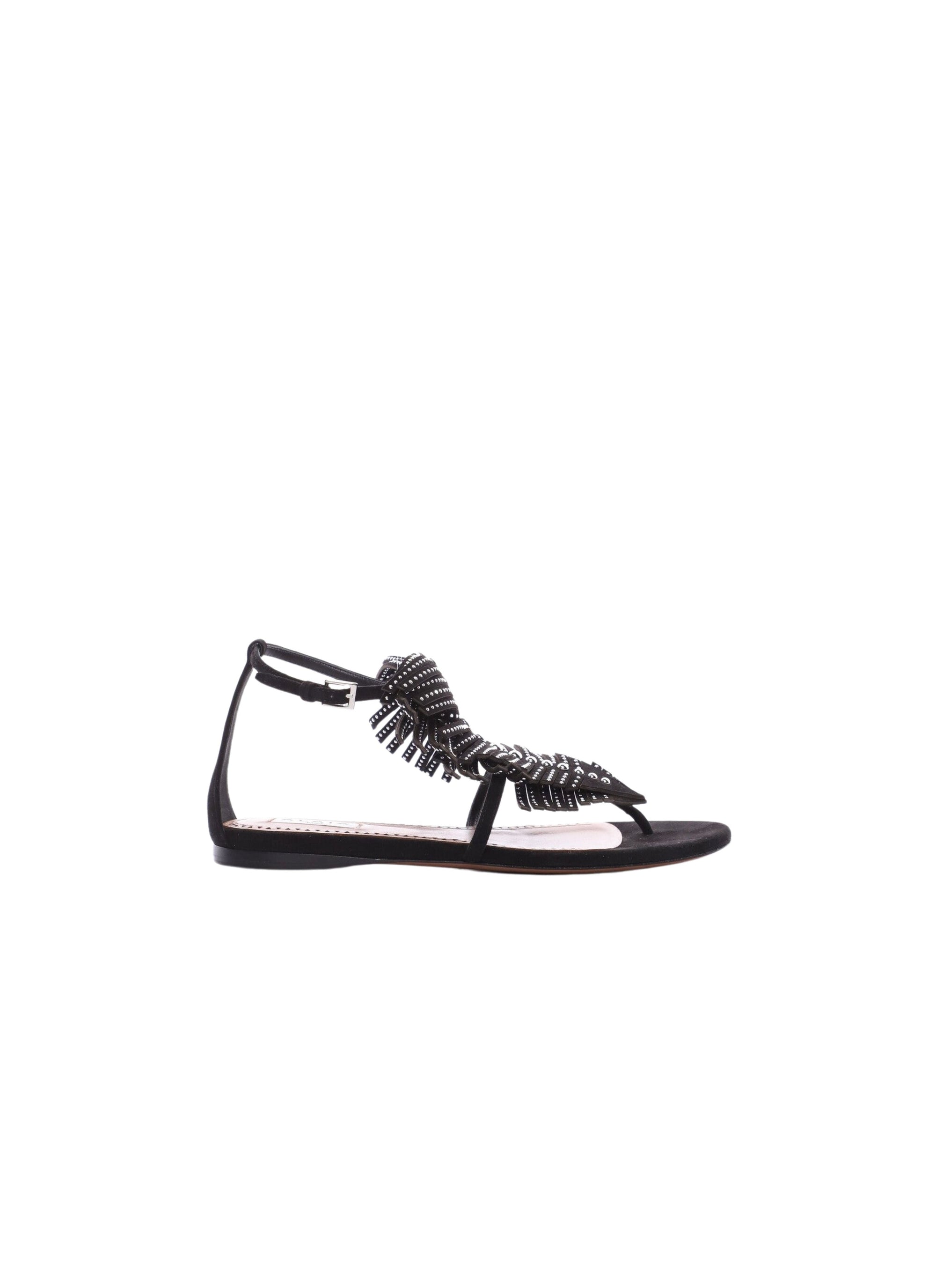 Sandales plates motif feuille cloutée en cuir - Noir