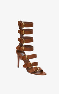 Sandales à talons à boucles multiples en cuir - Cognac