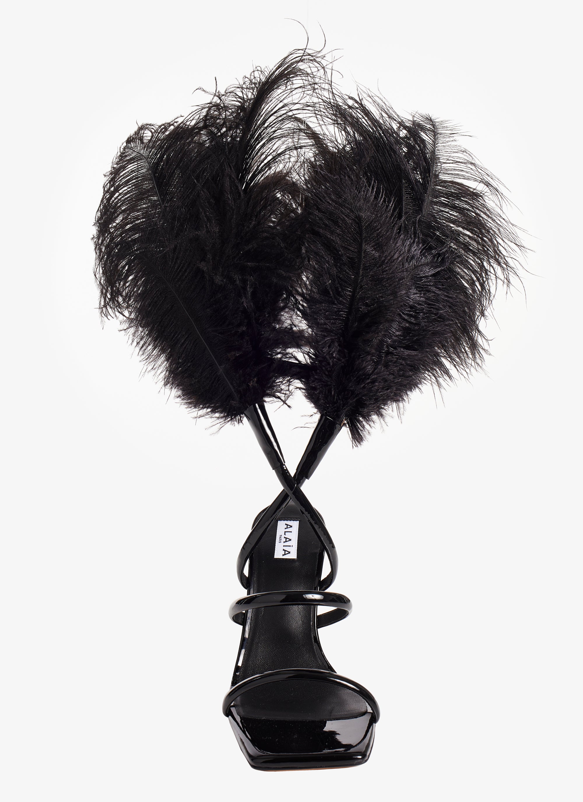 Sandales à talons à cuir verni et plumes - Noir
