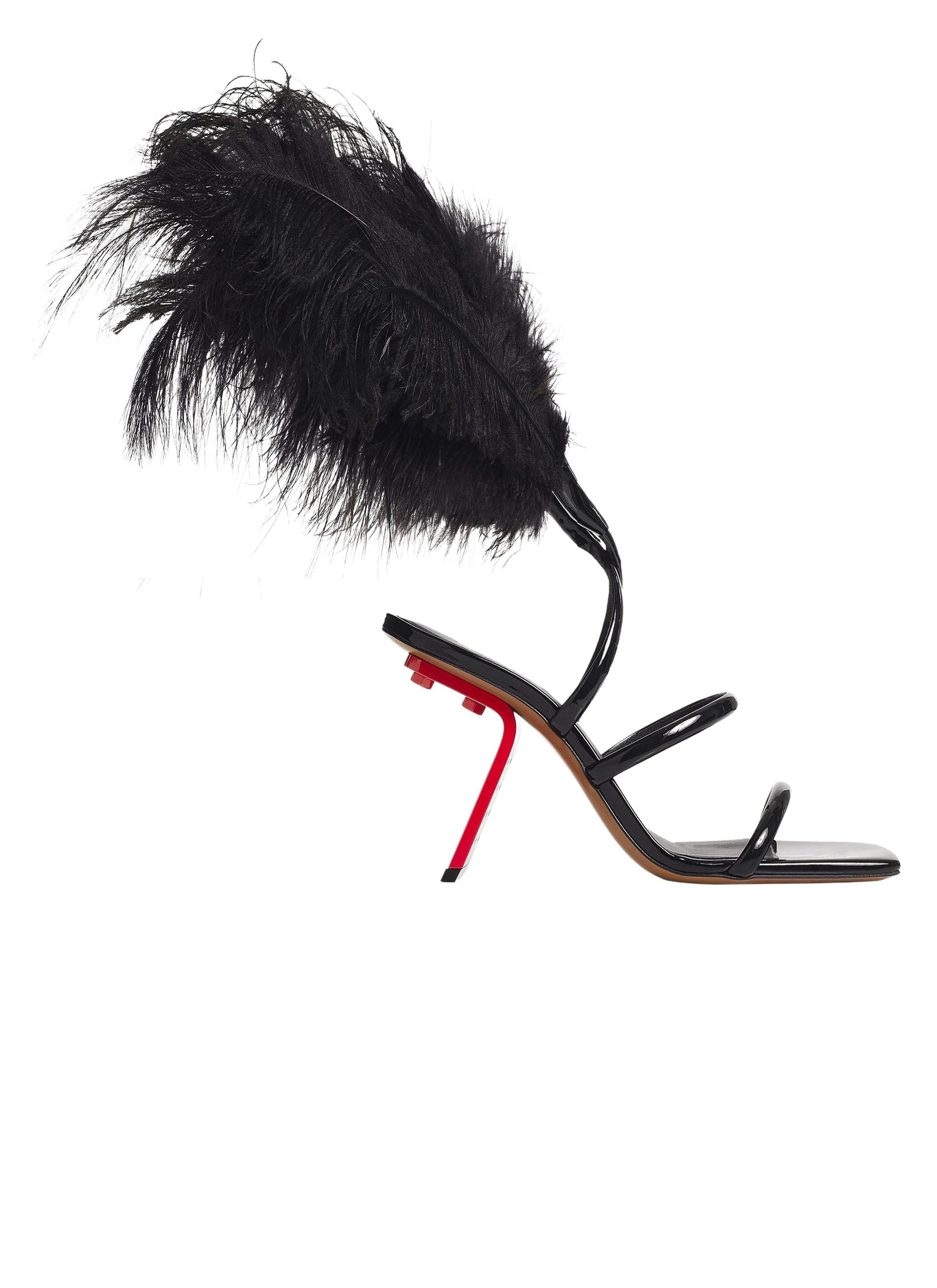 Sandales à talons à cuir verni et plumes - Noir