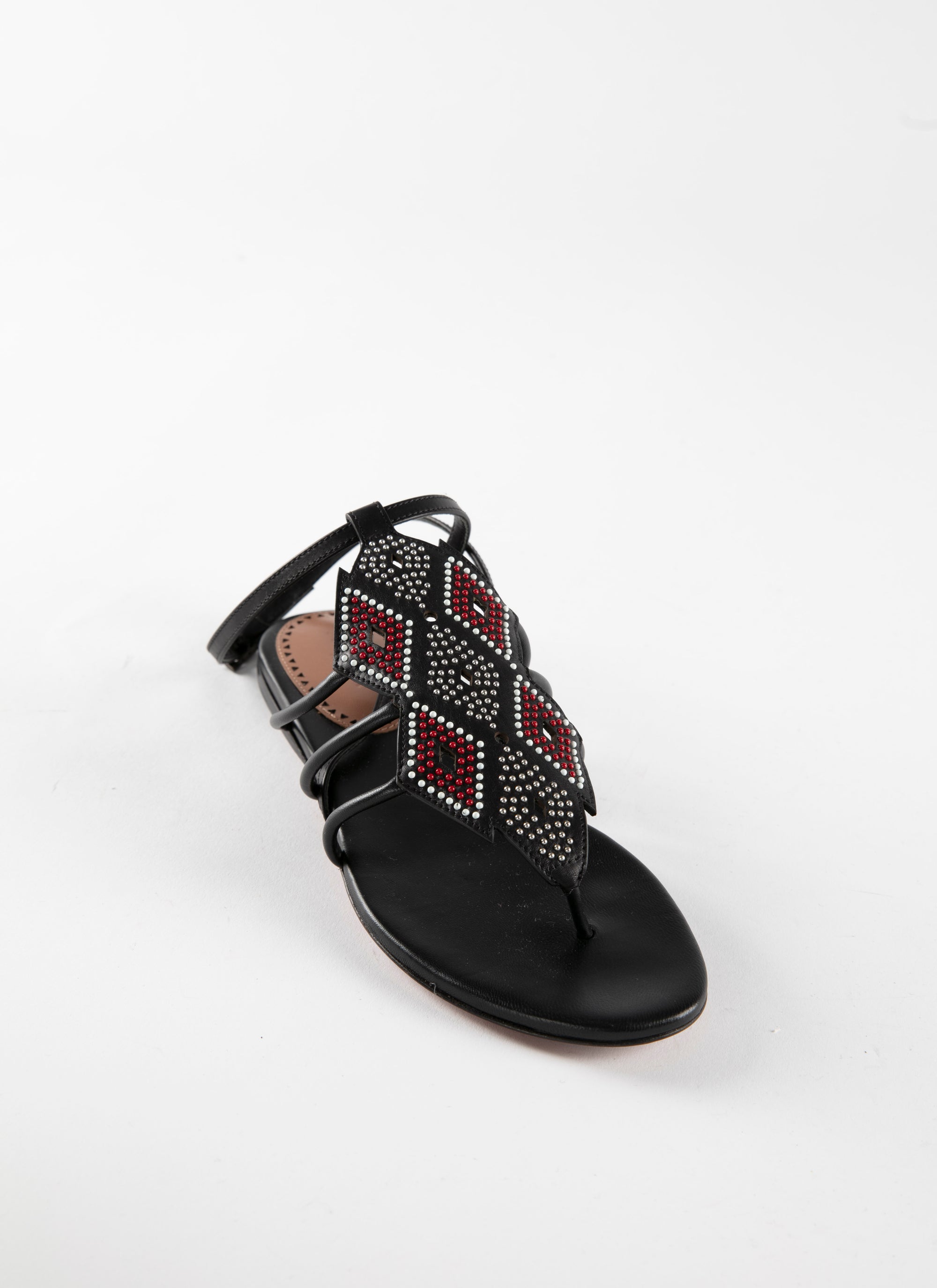 Sandales plates bride à motif losanges cloutés en cuir - Noir & Multicolor