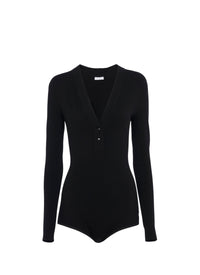 Long-sleeved wool v-neck bodysuit - Black intense