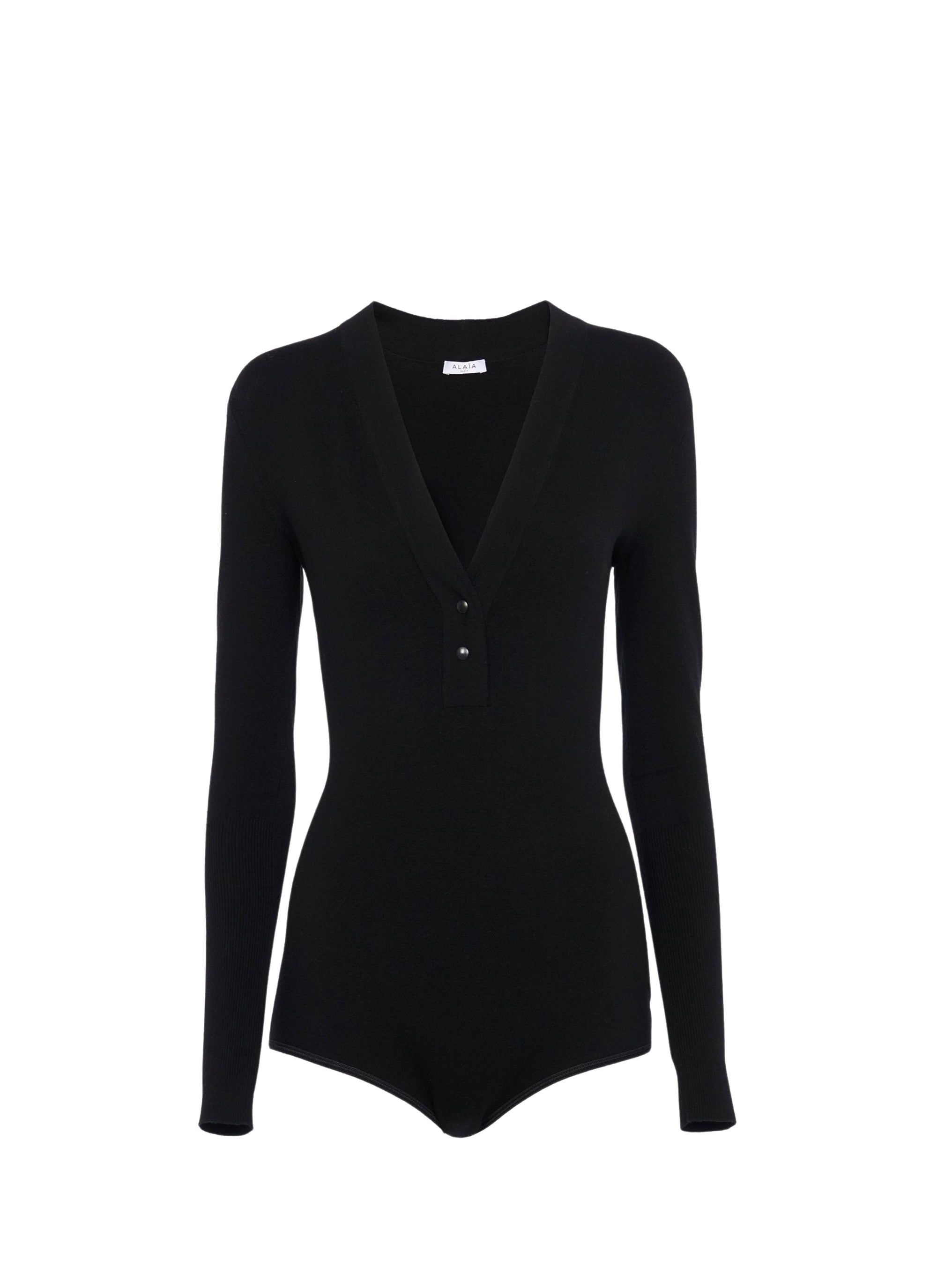 Long-sleeved wool v-neck bodysuit - Black intense