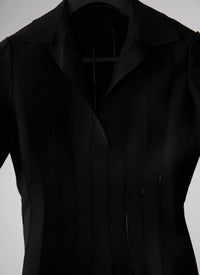 Short-sleeved polo-neck bodysuit with openwork stripes - Black intense