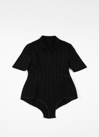Short-sleeved polo-neck bodysuit with openwork stripes - Black intense