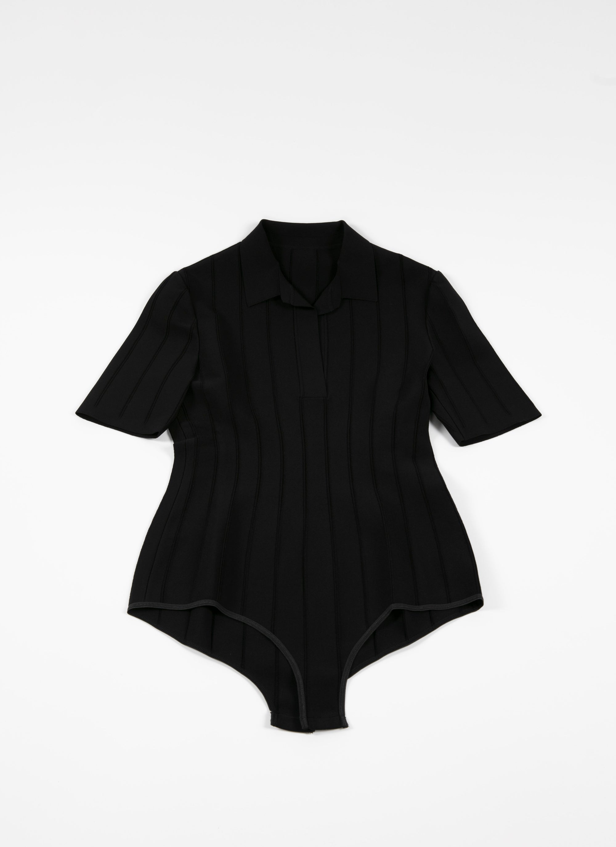 Short-sleeved polo-neck bodysuit with openwork stripes - Black intense