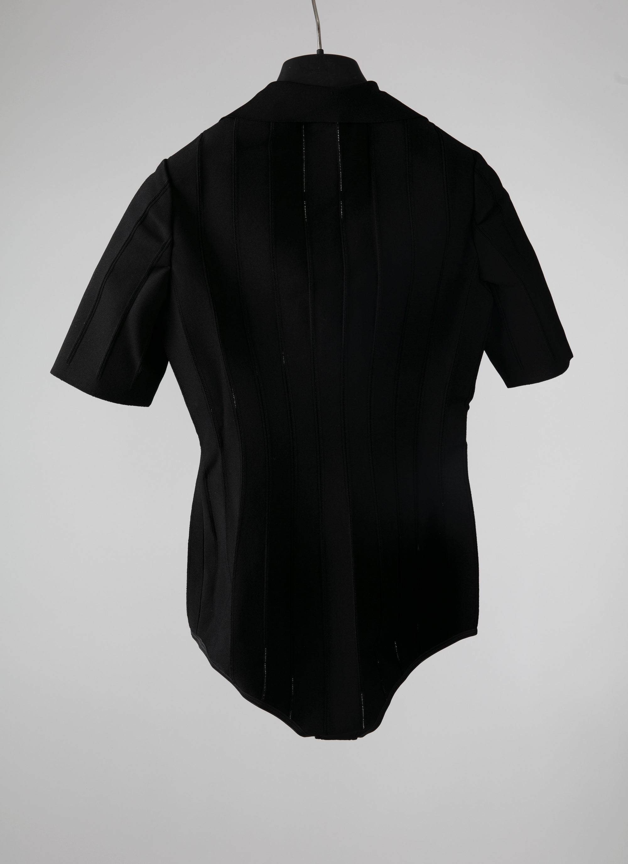 Short-sleeved polo-neck bodysuit with openwork stripes - Black intense