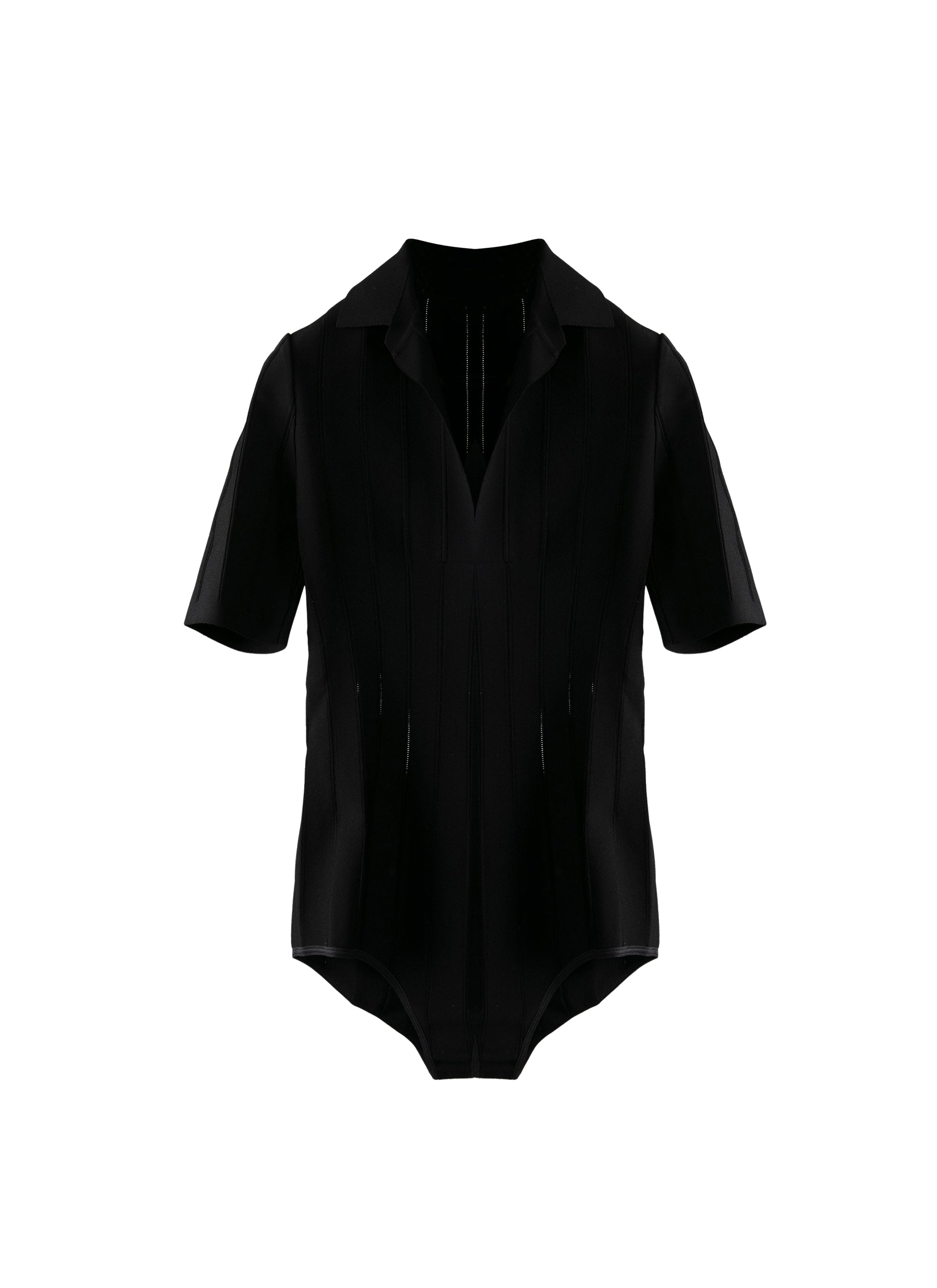 Short-sleeved polo-neck bodysuit with openwork stripes - Black intense