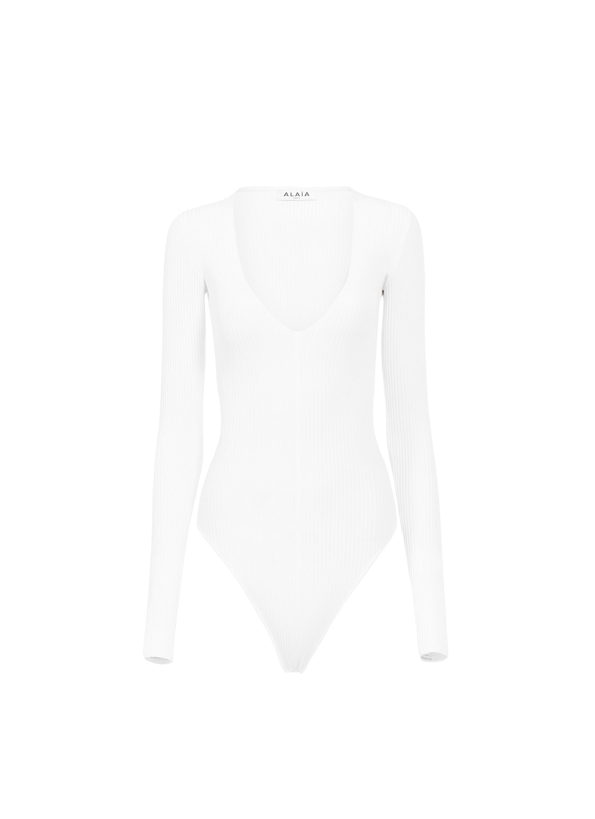 V-neck bodysuit with long ribbed sleeves - White