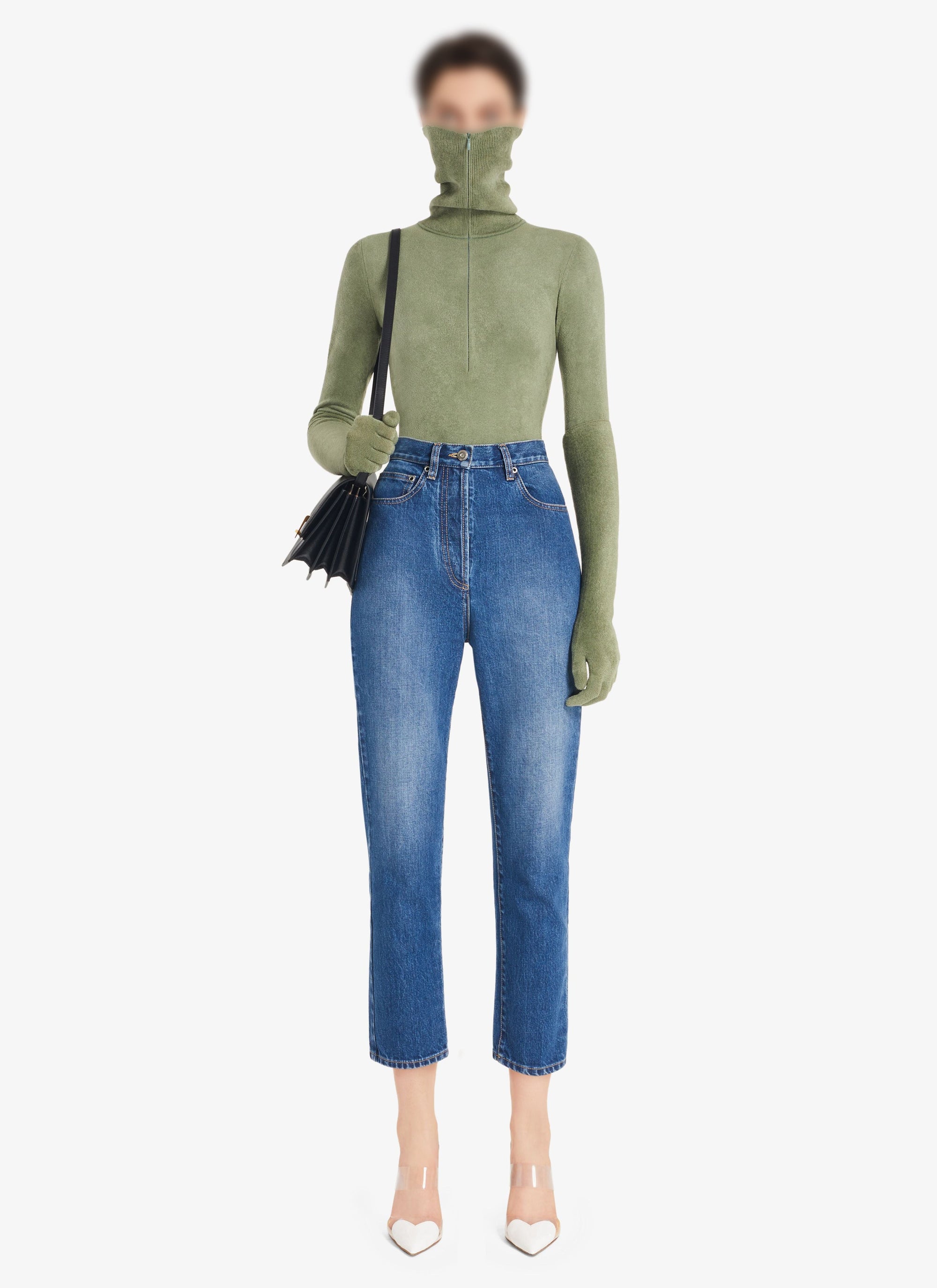 Long-sleeved velvet zip-up bodysuit - Green